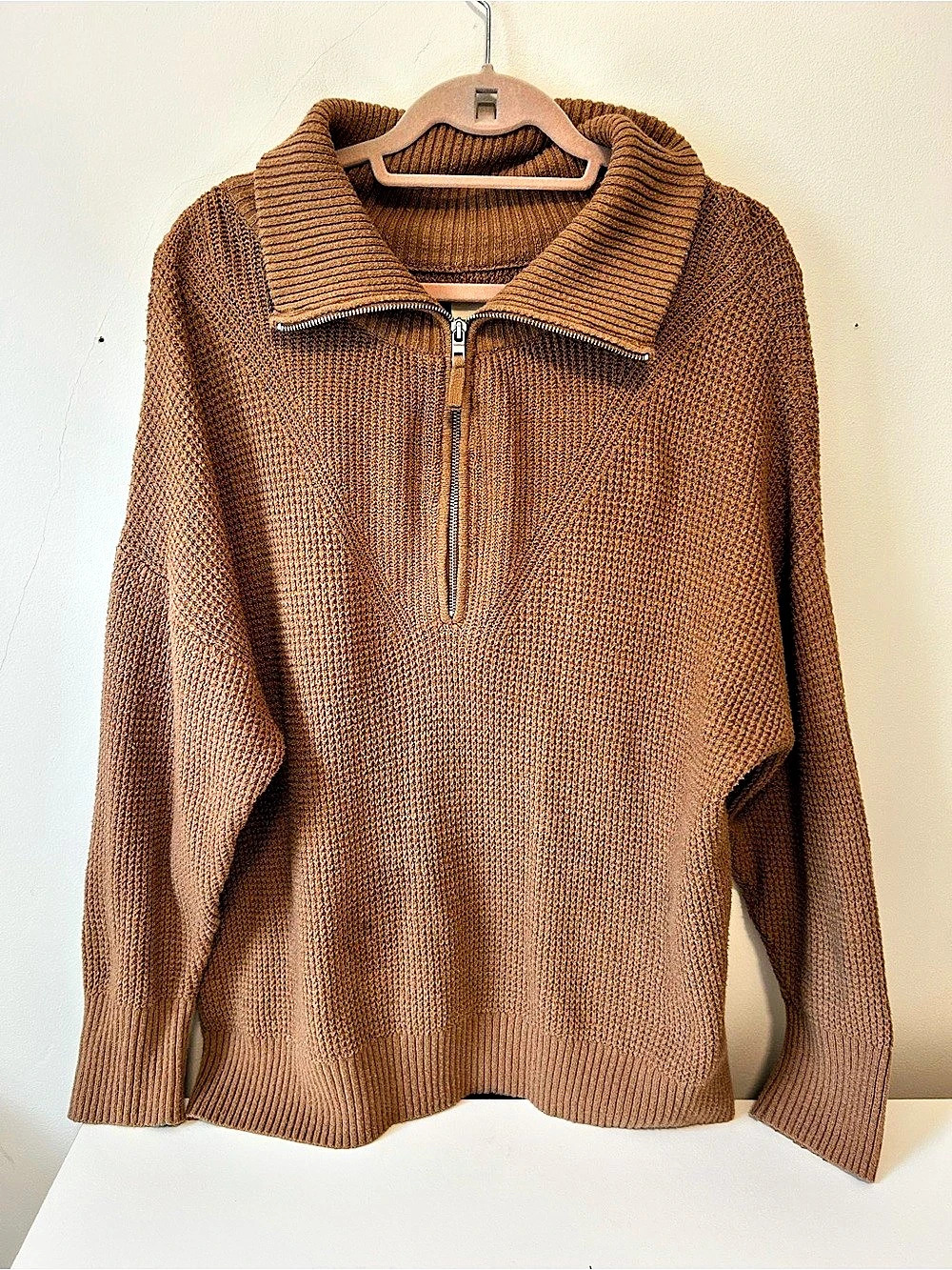 aerie CozyUp Waffle Quarter Zip Sweater Brown Medium